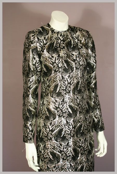 Vintage 80s Metallic Silver Gold & Black Brocade Column Evening Dress 