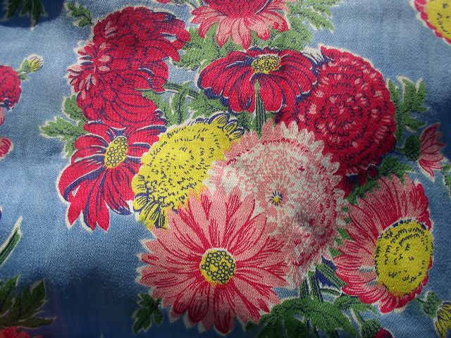 Vintage Blue Fabric w Pink Flower Bouquets  