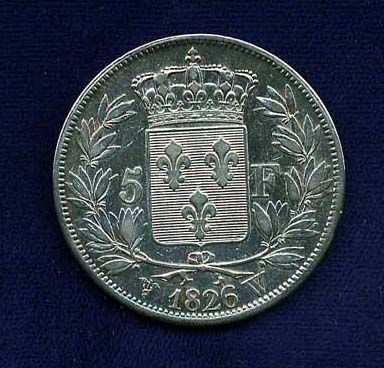 FRANCE CHARLES X 1826 W 5 FRANCS SILVER COIN, XF+, POLISHED  