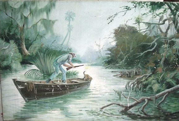 1940s oil painting GATOR hunting dog,gun,swamp,gator  