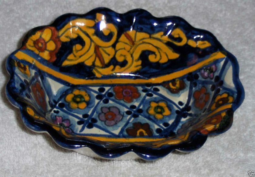   PRIMITIVE folk ART pottery DISH mexican CLAY floral BLUE yellow BOWL