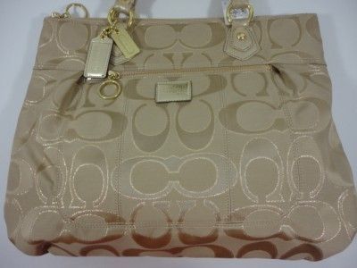 Coach Poppy Signature Lurex Glam Beige Khaki Gold tote handbag #F17890 