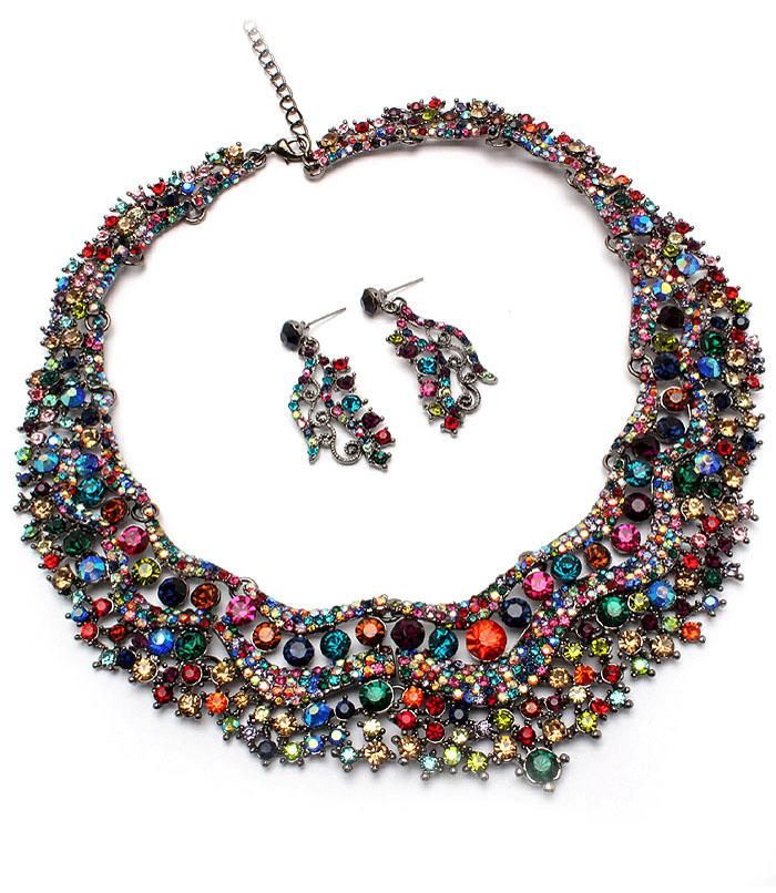 GLAMOROUS MULTICOLOR CRYSTAL NECKLACE AND EARRING SET  