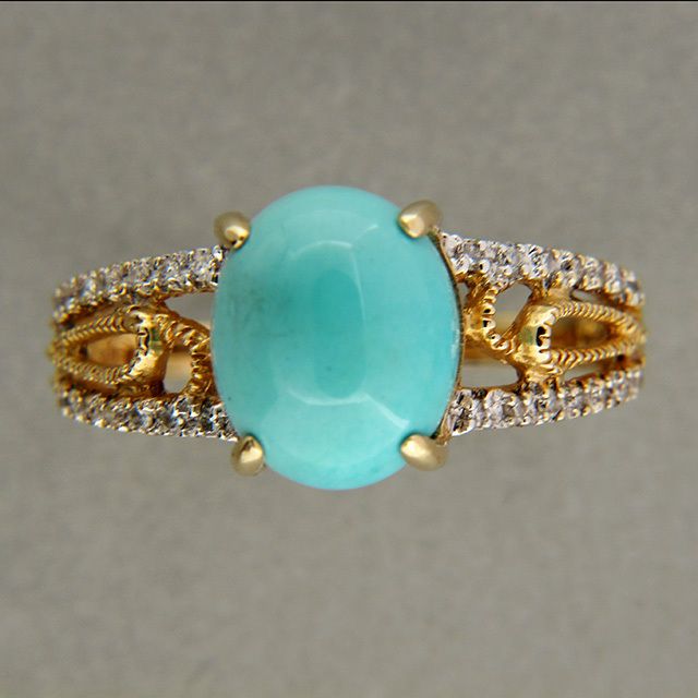   BLUE GENUINE TURQUOISE 14K PINK GOLD SINGLE CUT DIAMOND ACCENT RING