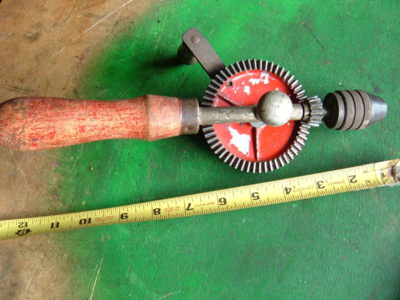 vtg antique hand crank drill farm tool CM co. mfg  