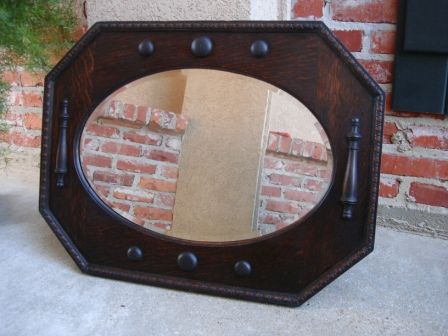 Antique English Carved Oak Jacobean Beveled OVAL WALL MIRROR in 